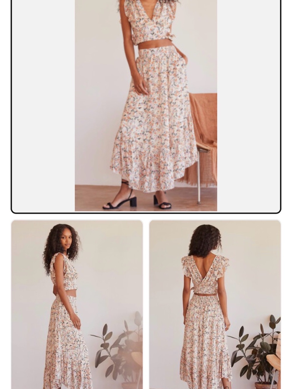 Free People set Peach Floral Tiered Maxi Skirt and Crop Top Size Small
